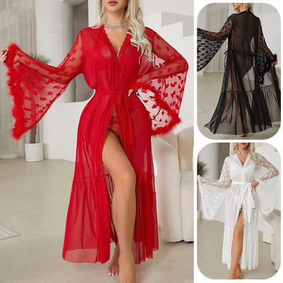 Spring and Summer Mesh Transparent Sexy Women's Lace Long-sleeved Cool Nightgown