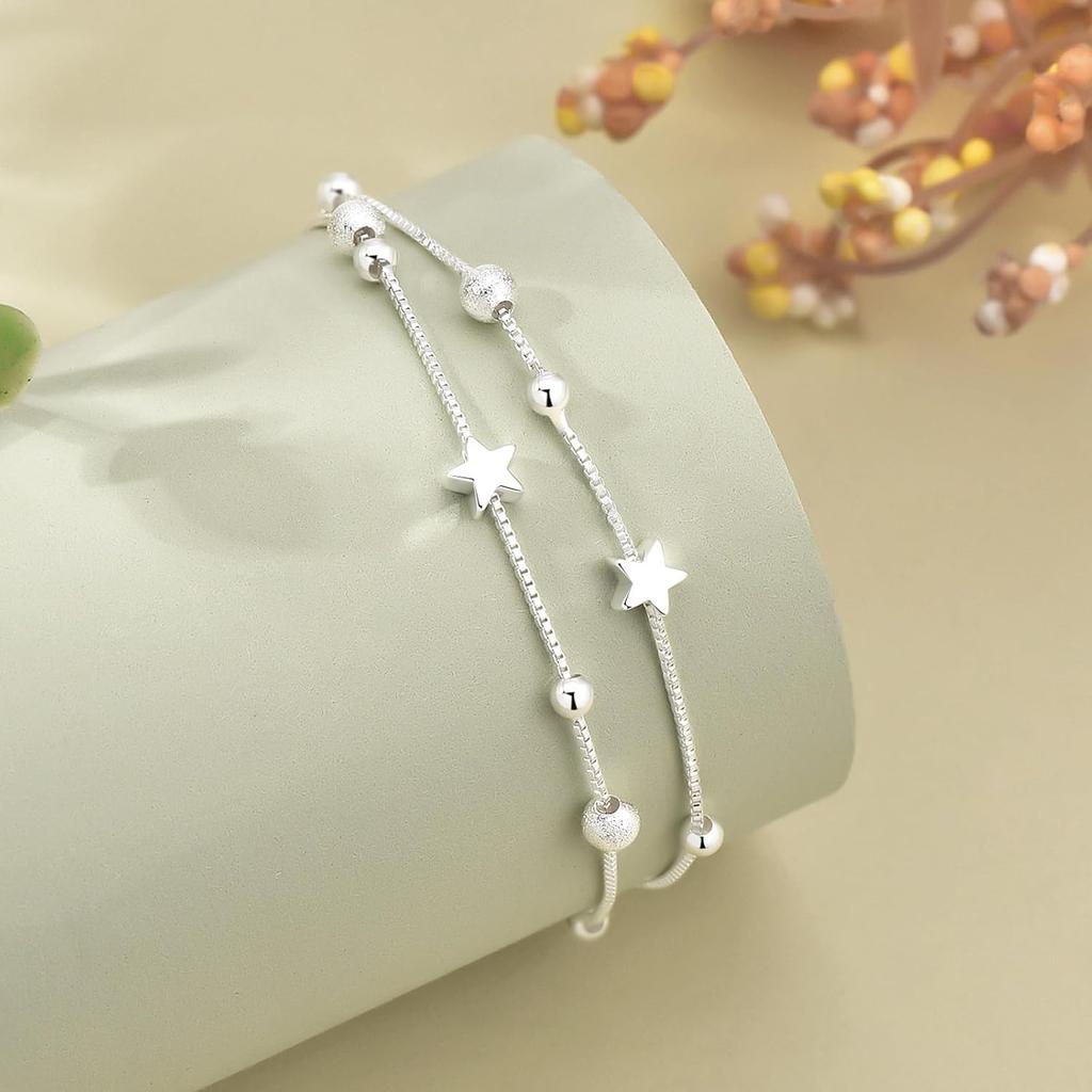 925 Sterling Silver Layered Heart Beaded Bracelets for Women and Teens | Fashion Link Chain Bracelet | Great Jewelry Gift