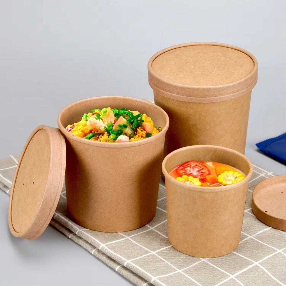 10PCS Disposable Takeaway Packing Boxes with Lid Round Paper Soup Bucket Kraft Paper Lunch Box