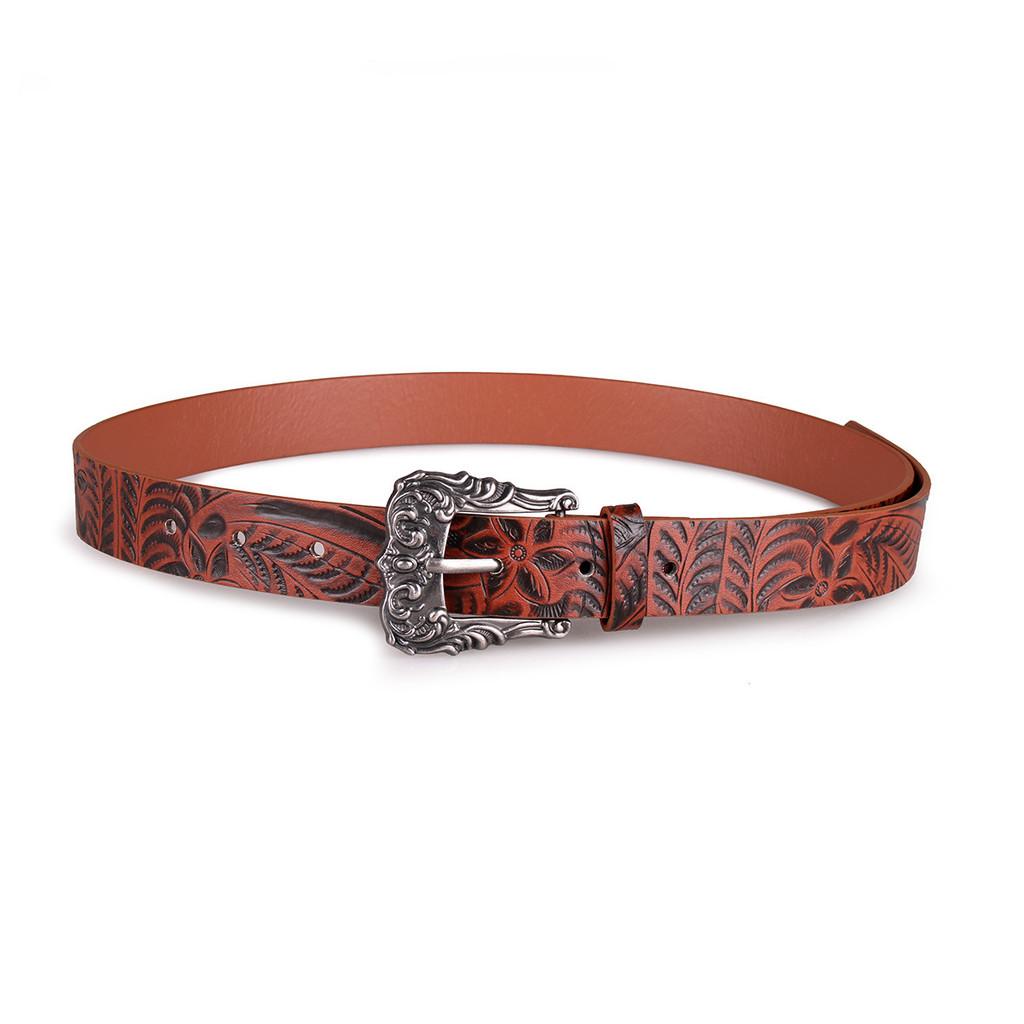 Vintage Leather Belt For Women With Floral Pattern And Alloy Buckle For Casual Style