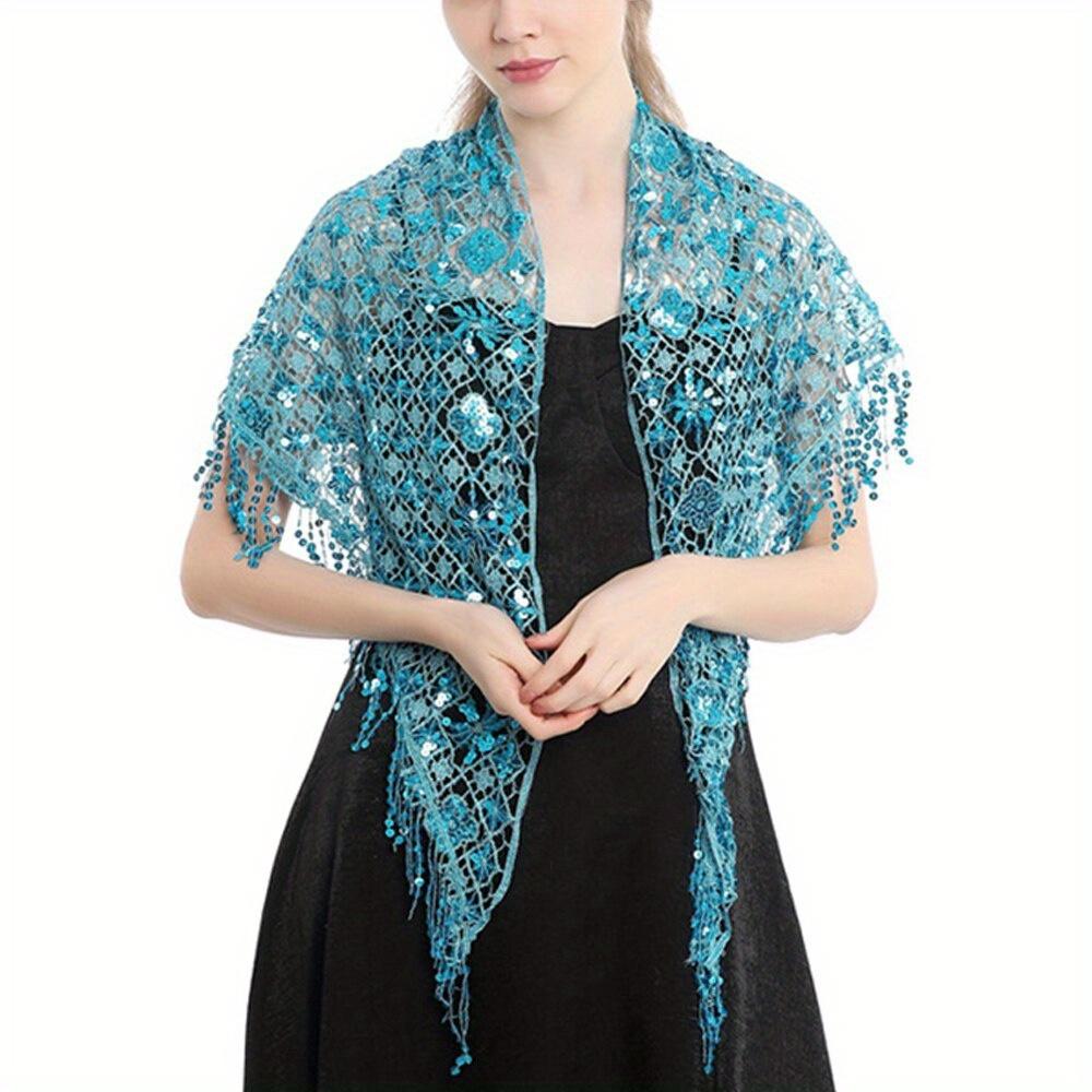 Hollow Triangle Sequin Lace Shawl Bridal Wedding Women Luxury Party Wrap Female Shiny Glitter Stole Club Scarf with Tassel