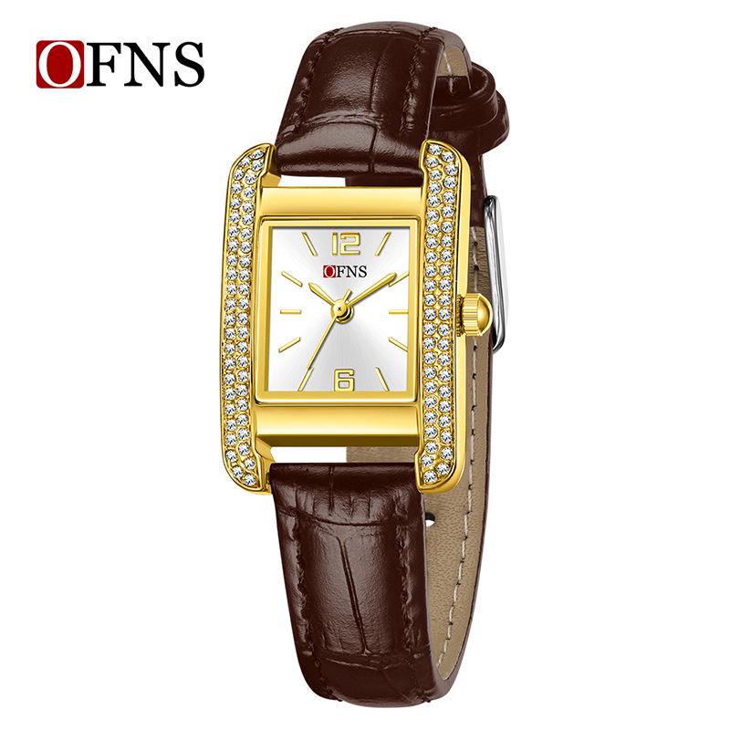 OFNS Elegant Women's Square Dial Watch: Simple Niche Bar Markers, Waterproof, Luxury Diamond Inlaid Quartz.