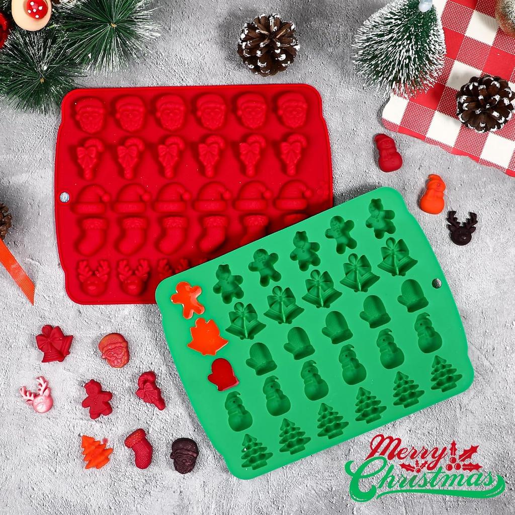 Christmas Candy Molds, 2 Pcs 30 Cavity Christmas Gummy Molds, Silicone Christmas Chocolate Molds, Red & Green