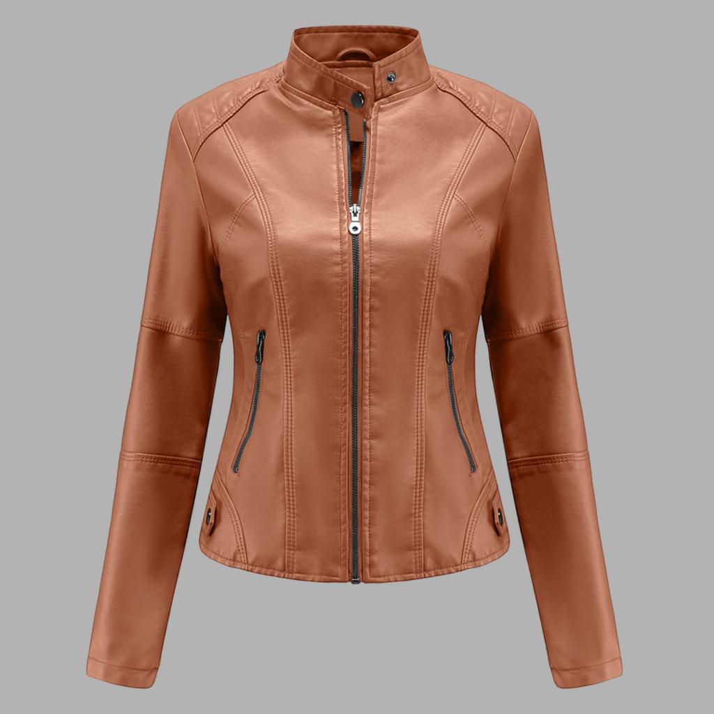 Women's Casual Fashion Slim Fit Thin Motorcycle Large Size Stand Collar Leather Jacket