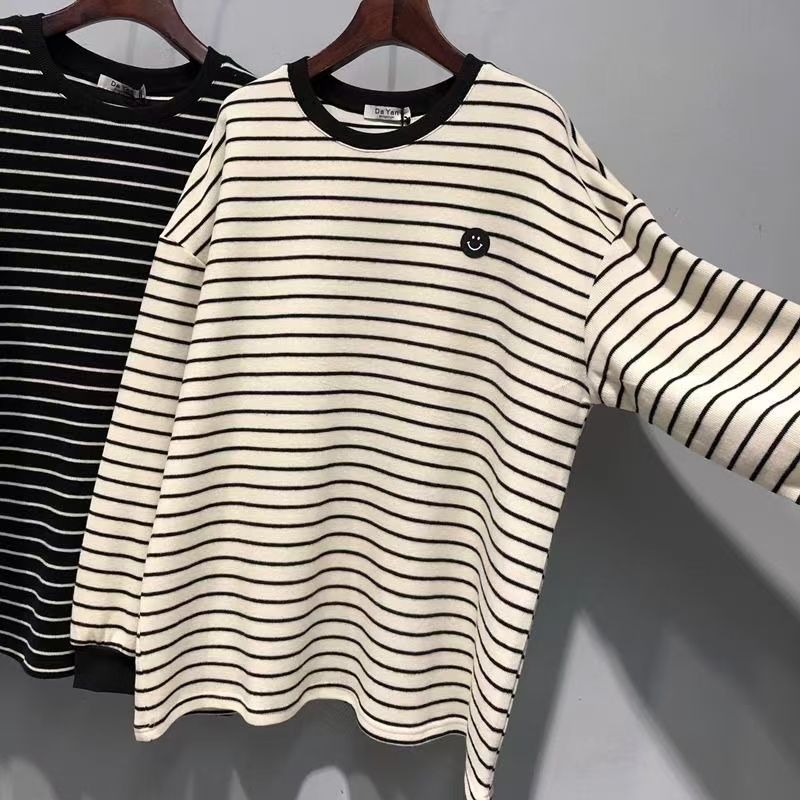 Plus Size Women Korean Style Smiley Face Striped Knitted T-shirt Autumn Bottoming Shirt Casual Loose Pullover Long Sleeve Tops