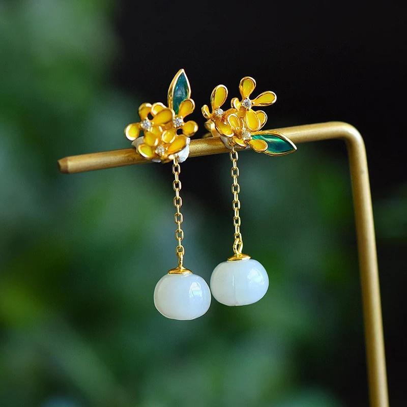 

Original Design Inlaid Natural Hetian Jade Osmanthus Long Earrings For Women Chinese Style Classical Exquisite Jewelry