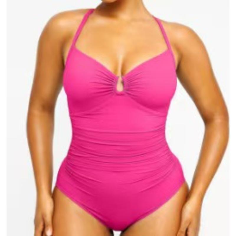 

New solid color fashion meat cover and thin one-piece women s shoulder straps swimsuit swimsuit 3XL рожевий червоний колір