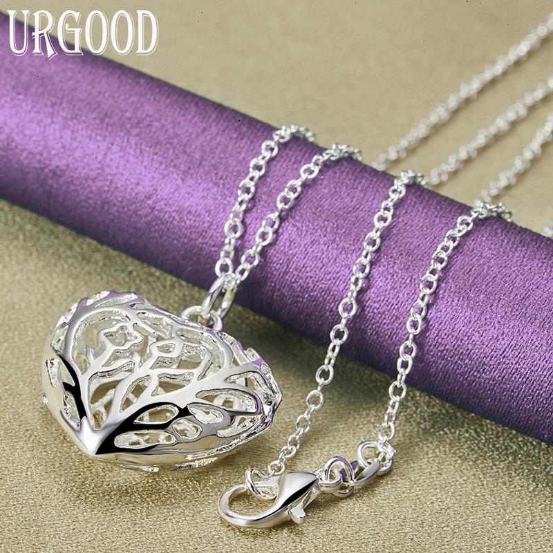 925 Sterling Silver Hollow Heart Ball Pendant Necklace Jewelry