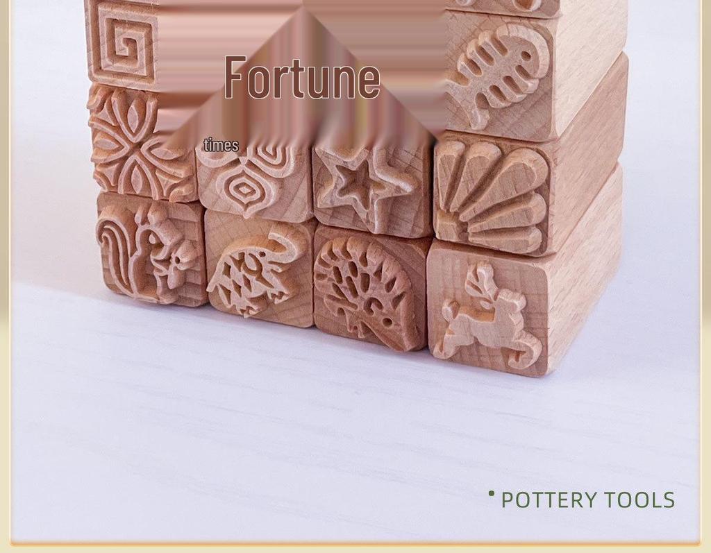 16-Piece Solid Wood & Ceramic Sculpture Tool Set: Mooncake Texture Mold Stamps - Creative Shapes