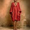 Women's Fashion Loose Fit Batwing Sleeve Dress V Neck Casual Comfortable Lightweight Fabric Pocket Detail Summer Beachwear