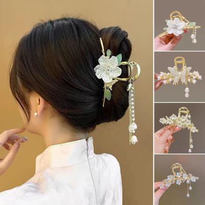 Women Hair Claw Shiny Rhinestones Faux Pearls Butterflies Decor Hair Clip Back