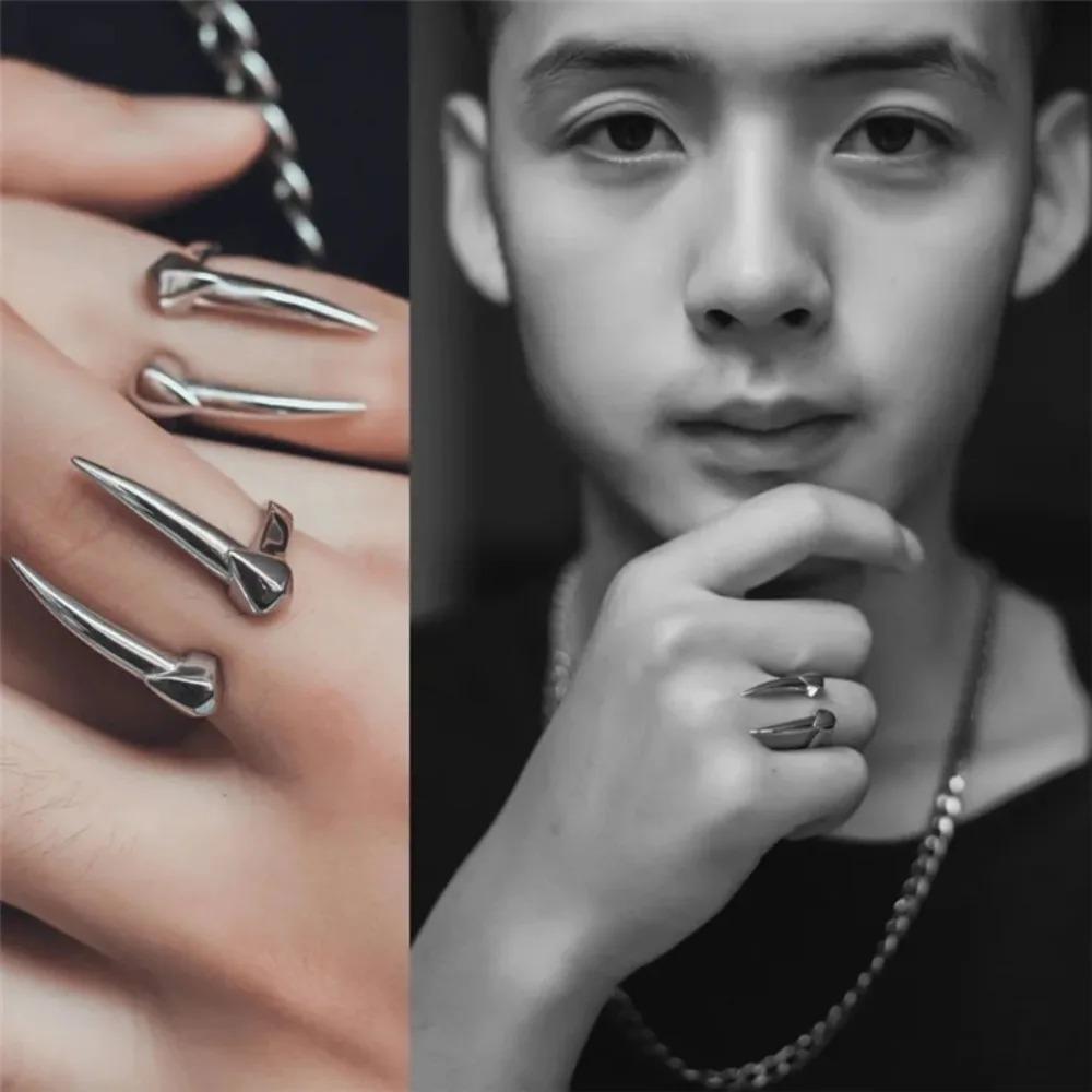 Punk Personality Sliver Color Geometric Bright Surface Spiny Beast Tooth Guard Adjustable Opening Rings for Men Hip Hop Jewelry