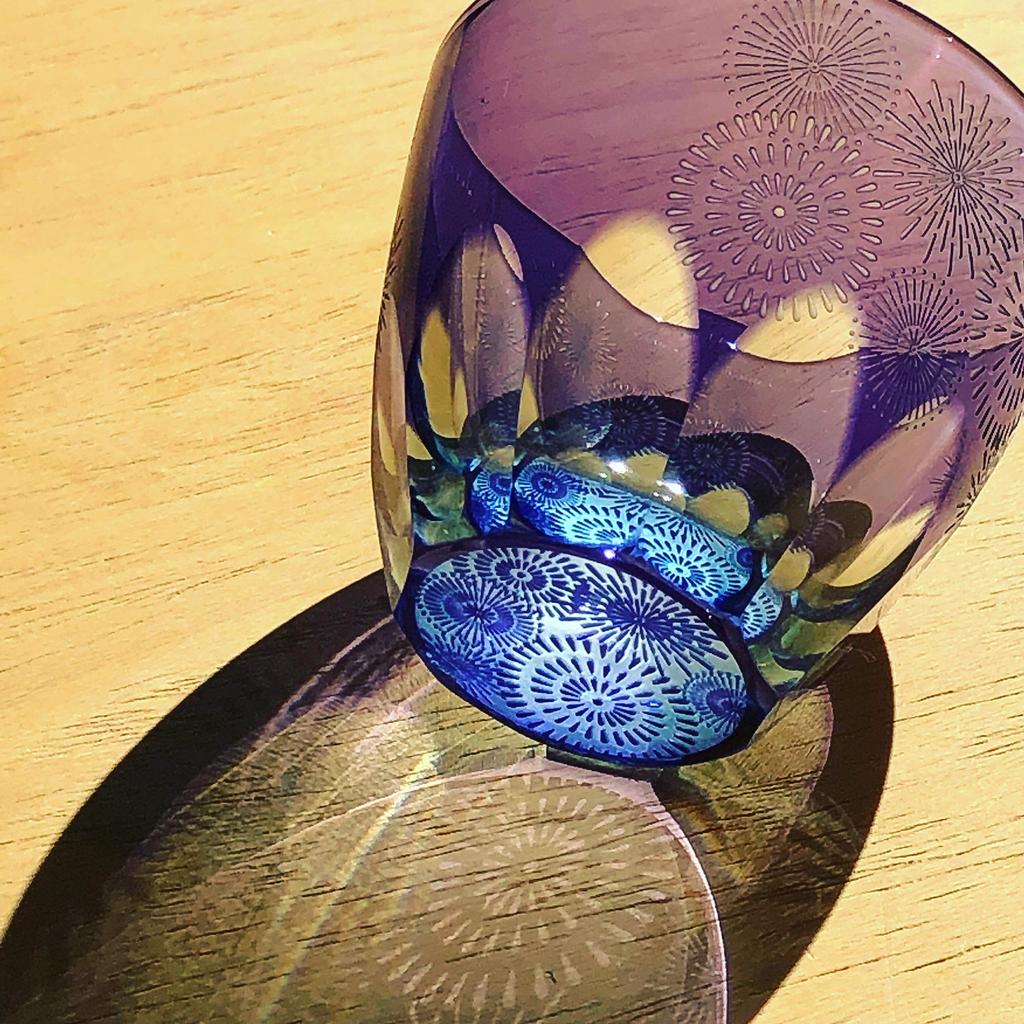 Glass Lab A Mysterious Glass That Expands Its Pattern When You Put Alcohol In It a Wooden Edo Sand Covered Made In Japan [GLASS-LAB] "Fireworks" [In