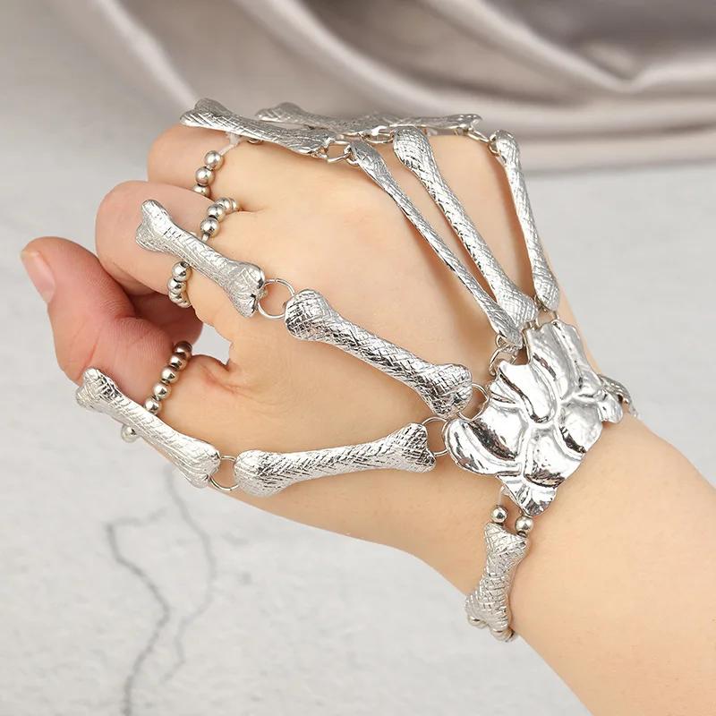 Gothic Punk Skull Ghost Skeleton Finger Bracelet Hand Chain Bangles for Halloween Femme Party Accessories