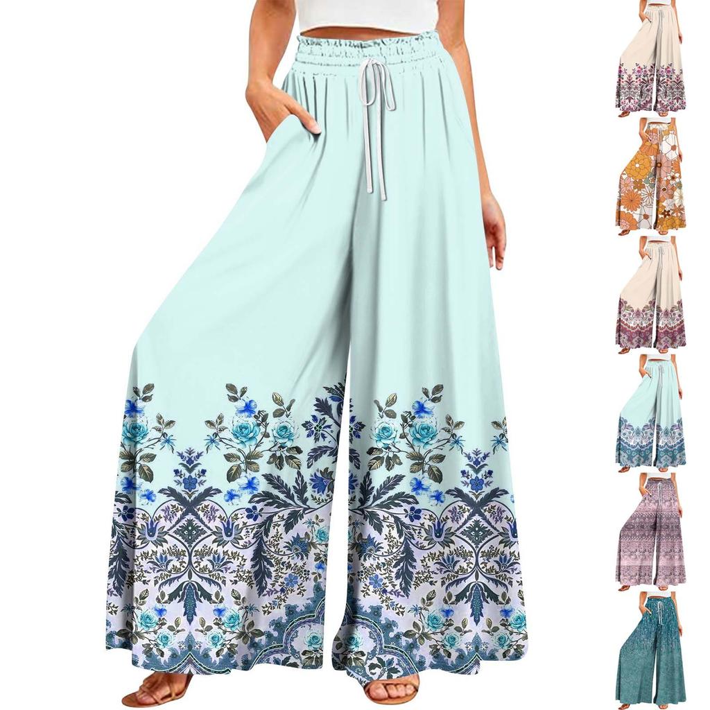 Women's Summer Wide Leg Pants High Waisted Flowing Pockets Fashion Casual Casual Bohemian Printed Beach Pants