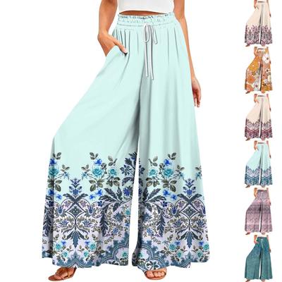 Damen Sommerhose mit weitem Bein, hoher Taille, fließende Taschen, modisch, lässig, lässig, Bohemian-Stil, bedruckt, Strandhose