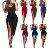 One Shoulder Beads Bodycon Dresses Split Skirt with Pleats Cocktail Dresse Girl  Evening Dresses