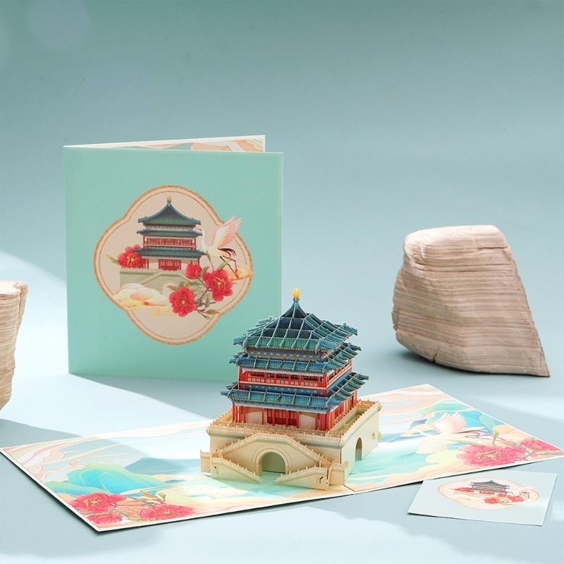 Chinese New Year Card Handmade Paper Carving Bell Tower Holiday Greeting Card for Birthdays Weddings And Holidays Gift