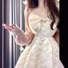 Elegant White Pearl Suspender Dress: French-Inspired Sweetheart Waist Princess Style