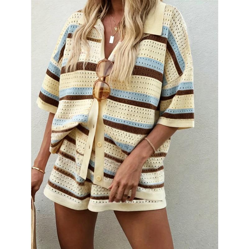 Completo a 2 pezzi in maglia a righe da donna, casual, con polo a maniche corte e set di pantaloncini