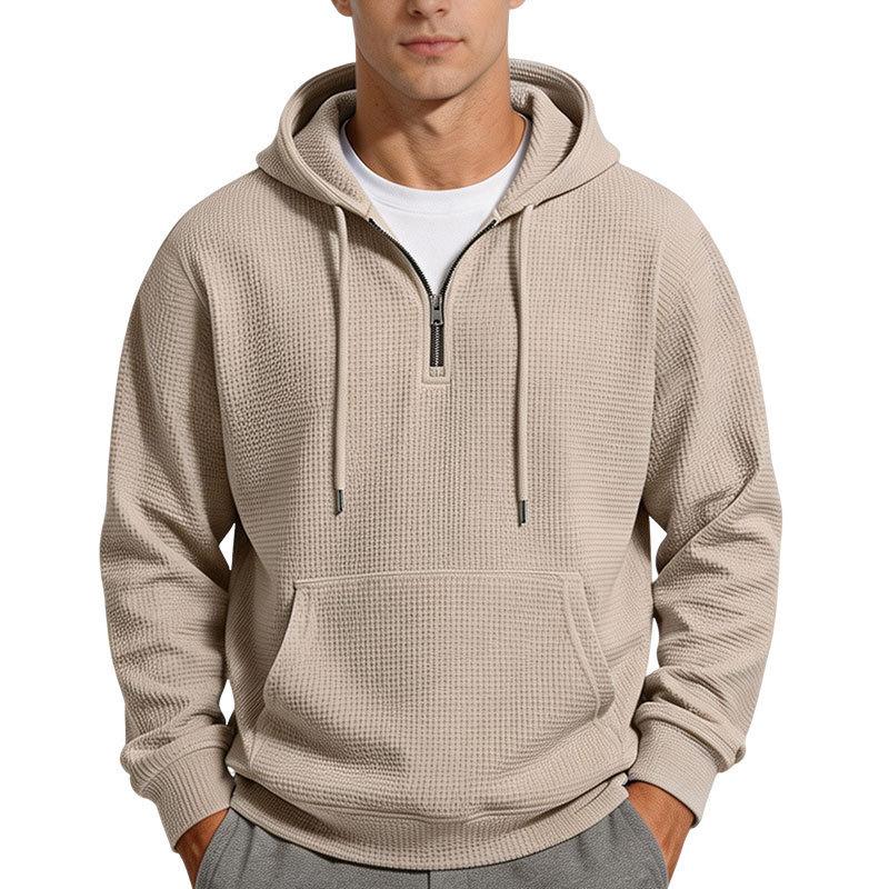 Men S Solid Color Waffle Hooded Half Zip Long Sleeve Pullover Sweatshirt