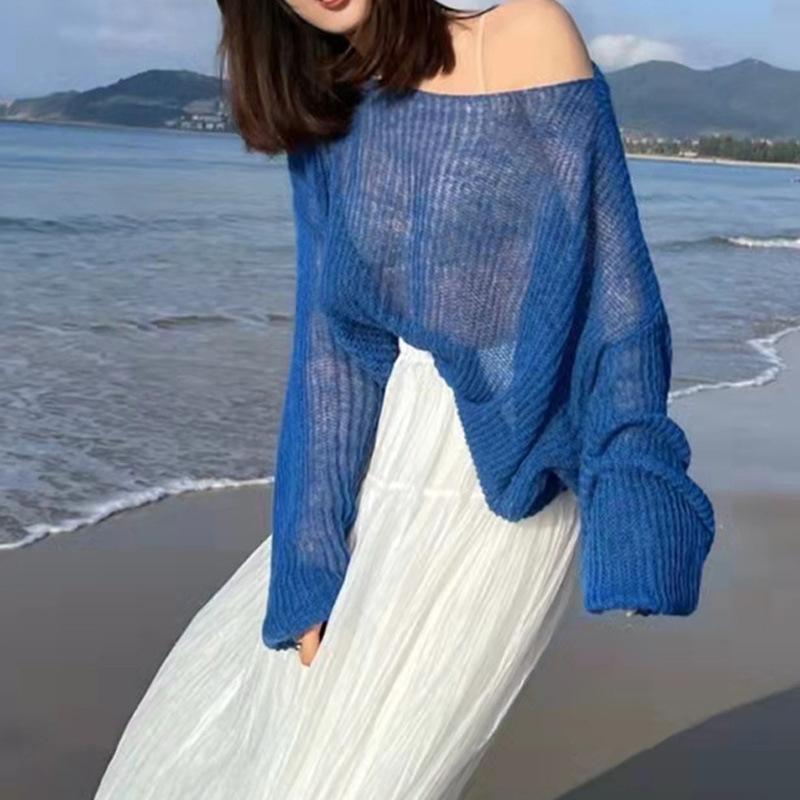 Womens Minimalist Crochet Knit Top Spring Shoulder Cutout Loose Fit Versatile Blouse