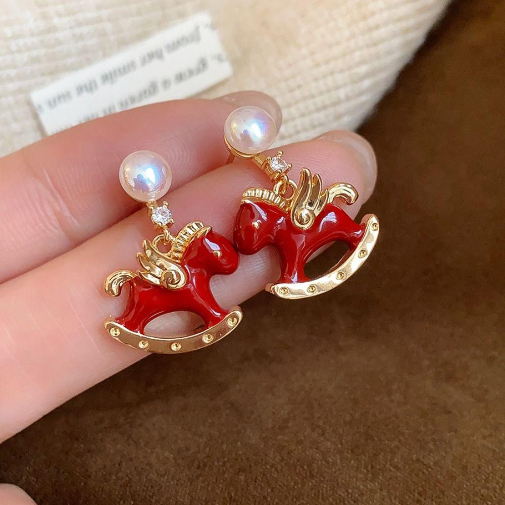 Chinese Horse New Year Cartoon Horse Earrings Zodiac Pony Red Drop Earrings  Lady