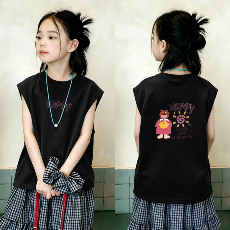Korean Style Girls' Sleeveless Round Neck Cotton T-Shirt - Trendy Summer Fashion