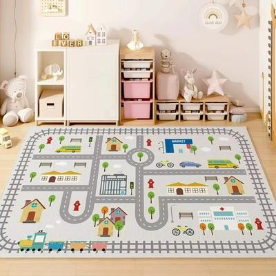 Cartoon City Road Train Track Kids Rug Soft Fluffy Play Mat for Bedroom Educational Traffic Game Carpet for Children