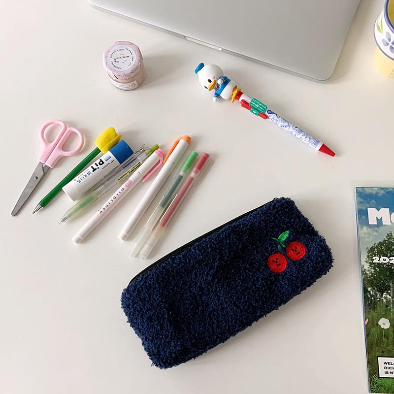 Cherry Plush Pen Case With Large Capacity For Students And Travel Storage