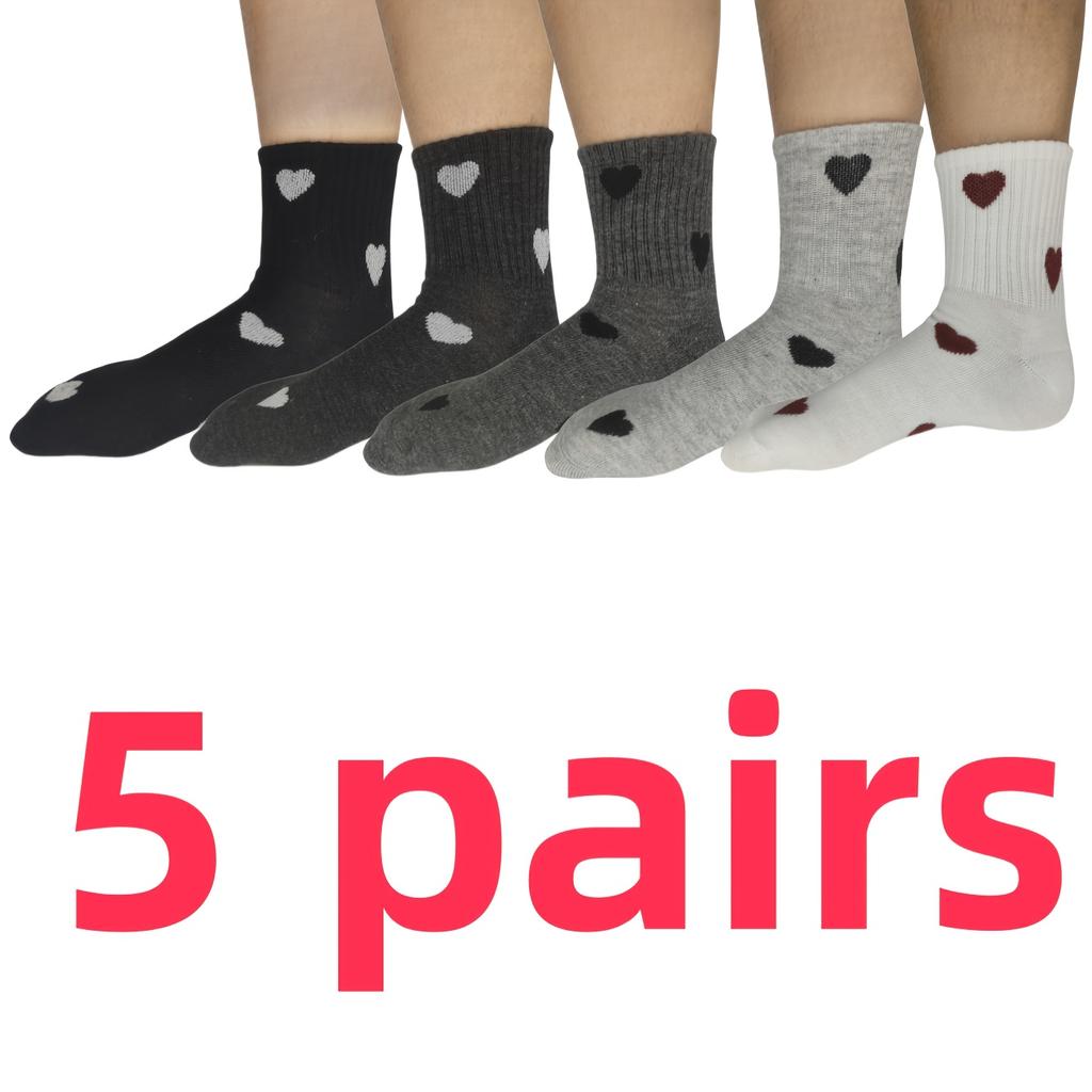 High Quality10pcs 5 Pairs Women'S Mid-Calf Socks with Heart Pattern, Calf Socks - Elegant Heart Pattern Design, Featuring a Heart Pattern In Fabric -