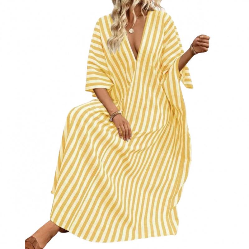 Europäisches & Amerikanisches Sommer 2026 V-Ausschnitt Gestreift Locker Freizeit Strandkleid