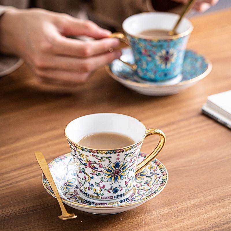 European Enamel Ceramic Coffee Cup & Saucer Set, Elegant Afternoon Tea Cup Set