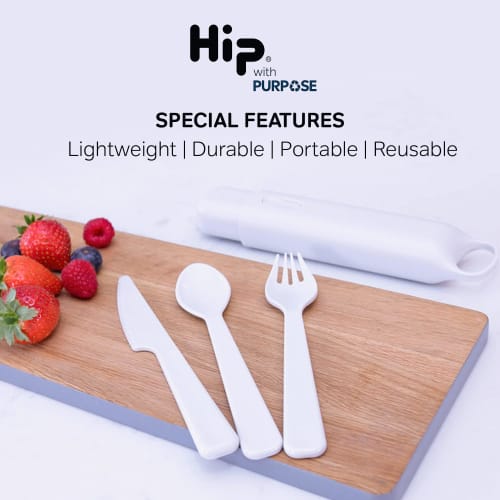 Hip with Purpose Cutlery Set with Case I Portable, Reusable and Durable Utensil Set for Lunchbox | Made from Ocean Bound Plastic | Includes Knife, For