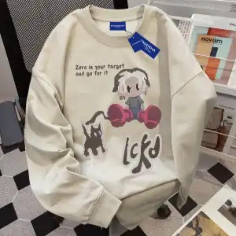 Reines Baumwoll-T-Shirt mit amerikanischem Rundhalsausschnitt, locker, langärmlig für Damen, Herbst, neu, lässig, vielseitiges Design, Oberteil