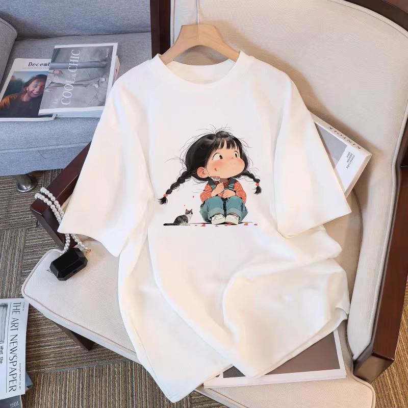 2026 Cross Girl Cartoon Print Loose Plus Size Short Sleeve Women's T-shirt - New Summer Fashion