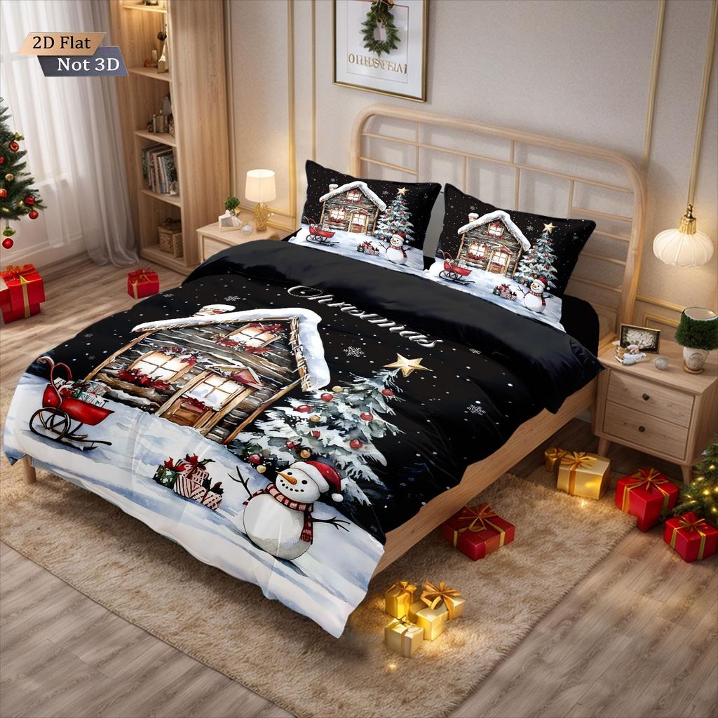 3pcs Christmas cottage print coreless duvet set multi size bedroom bedding holiday decoration soft  machine washable