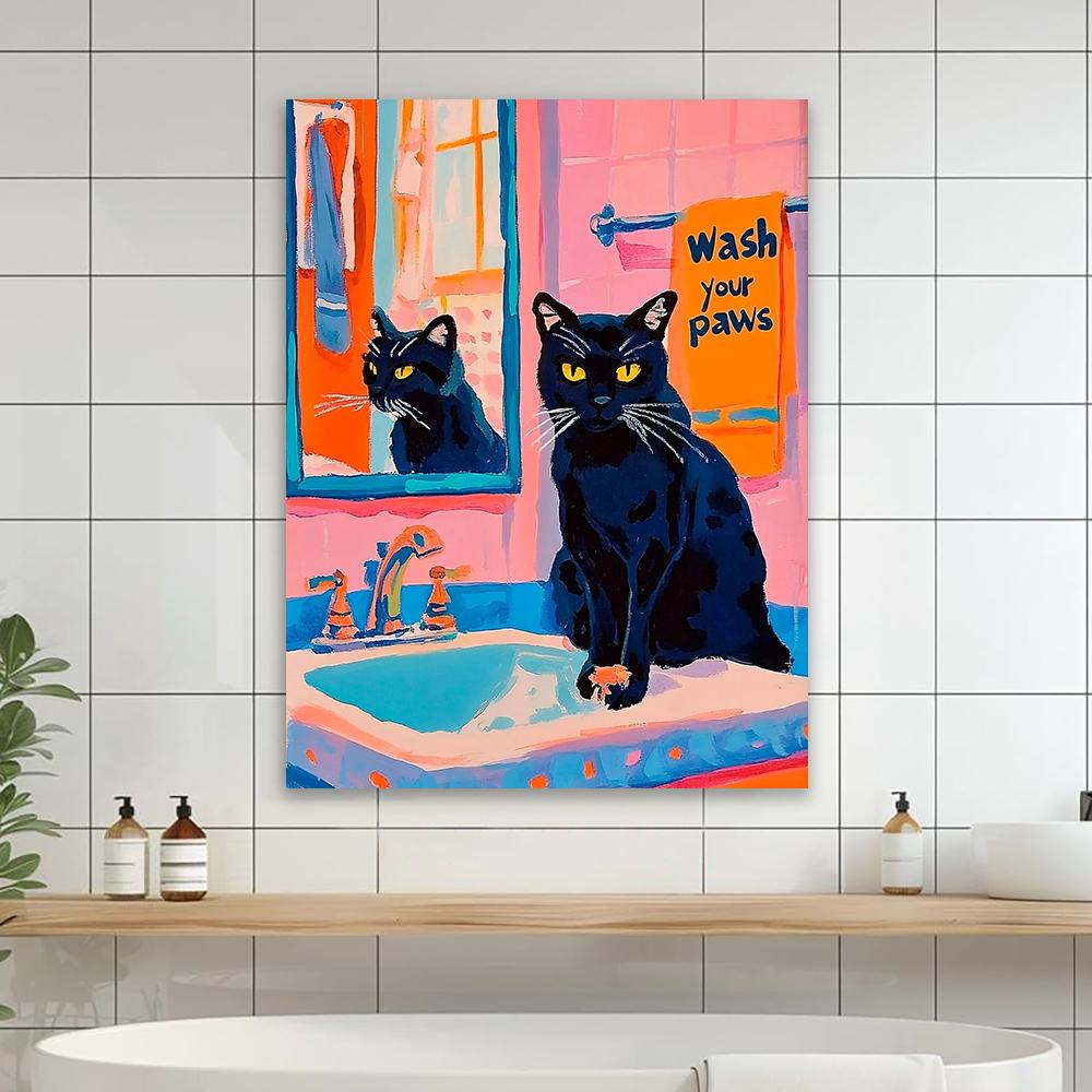 Maximalist Bathroom Cat Art Poster Wash Your Paws Quotes Prints Trendy Cat Poster Colorful Bathroom Art Canvas Painting Decor