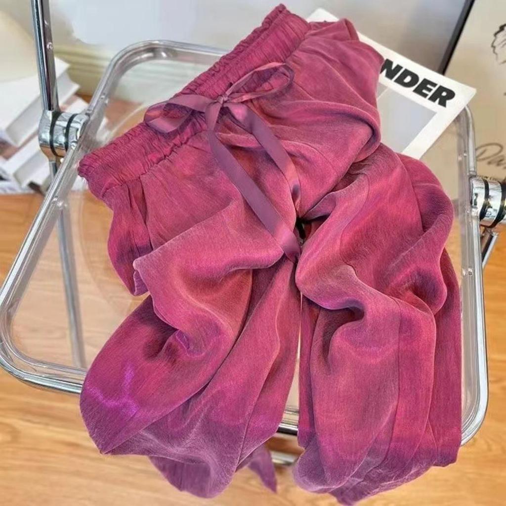 Viola, Seta di Ghiaccio, Raso, Sottili, Pantaloni a Gamba Larga, da Donna, Dritti, Larghi, Pantaloni Casual