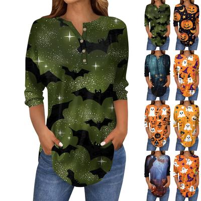 Damenmode Lockerer Knopfkragen Halloween-Print Langarm T-Shirt Top Pullover