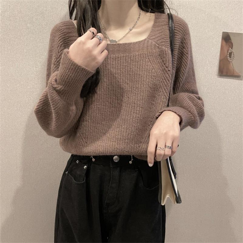 

Women s Thickened Lantern Sleeve Sweater - Autumn/Winter Square Collar Trendy Design XL (suggested 60-68 kg) кофейный