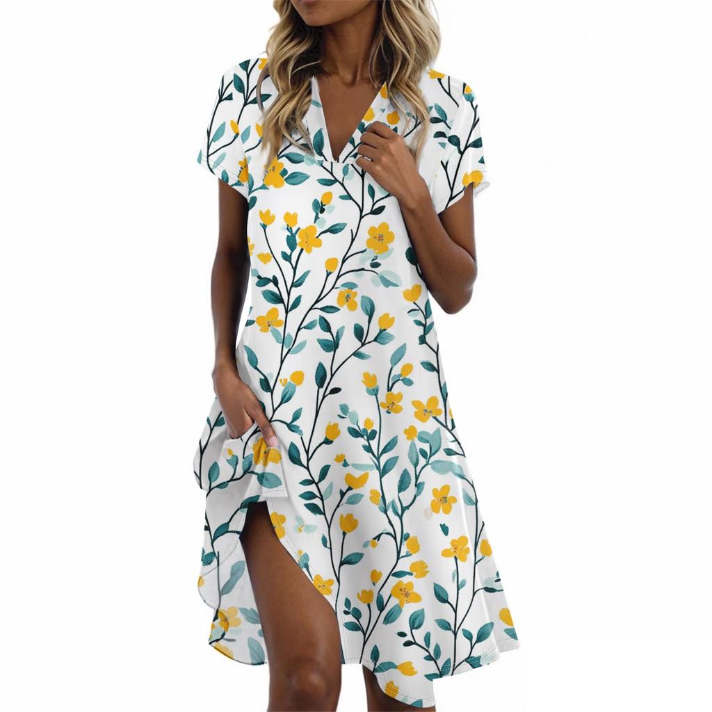 Ladies Casual Fashion Stand Collar Floral Print Short Sleeve Dress