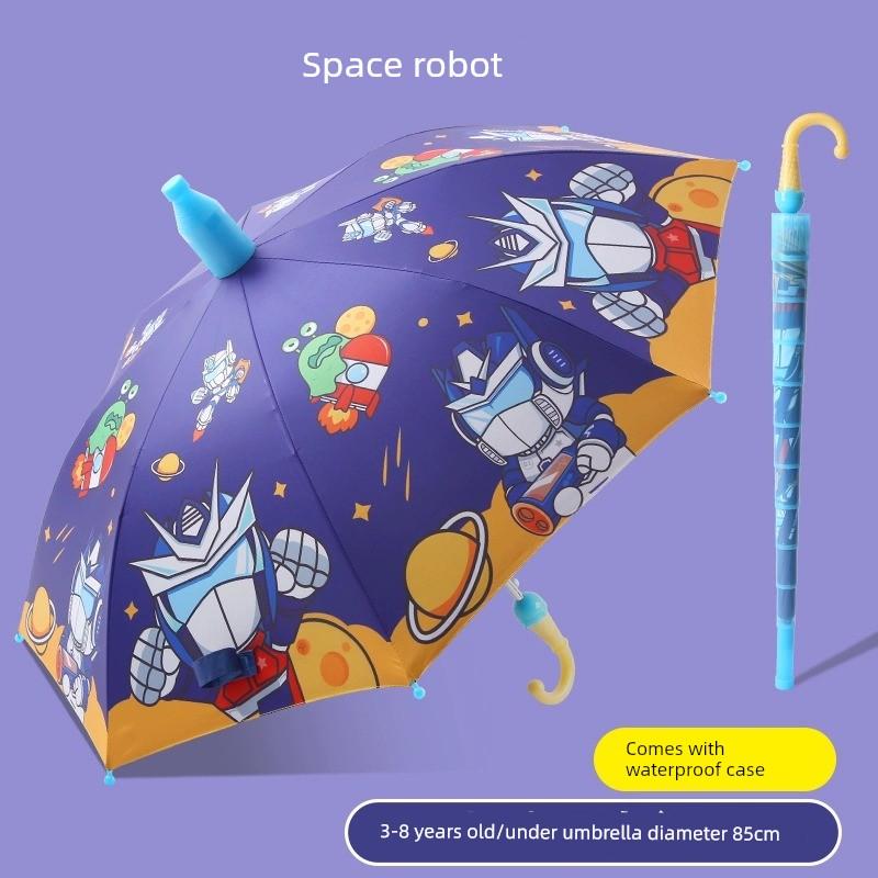 2026 New Model Children's Umbrella Cartoon Black Plastic Dual-Use Umbrella for Sun and Rain, Automatic Reflective Strip Long-Handle Umbrella for