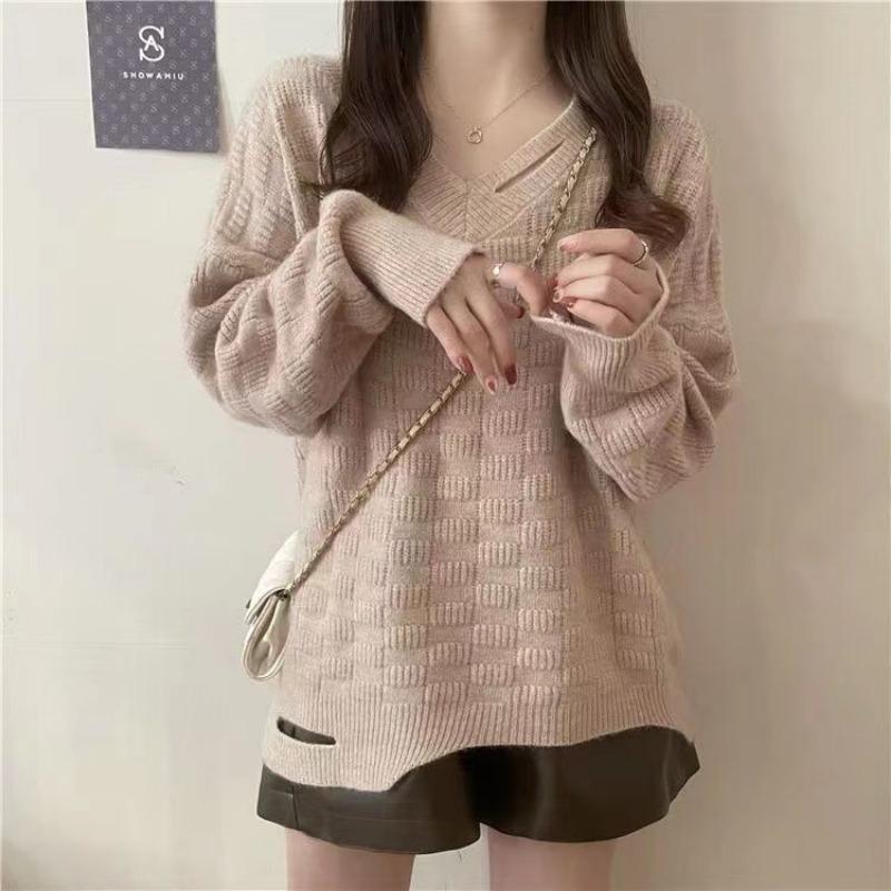 Autumn Winter V-neck Loose Casual Hole Sweater Women Solid Color Simple All-match Irregular Knitting Pullover Top