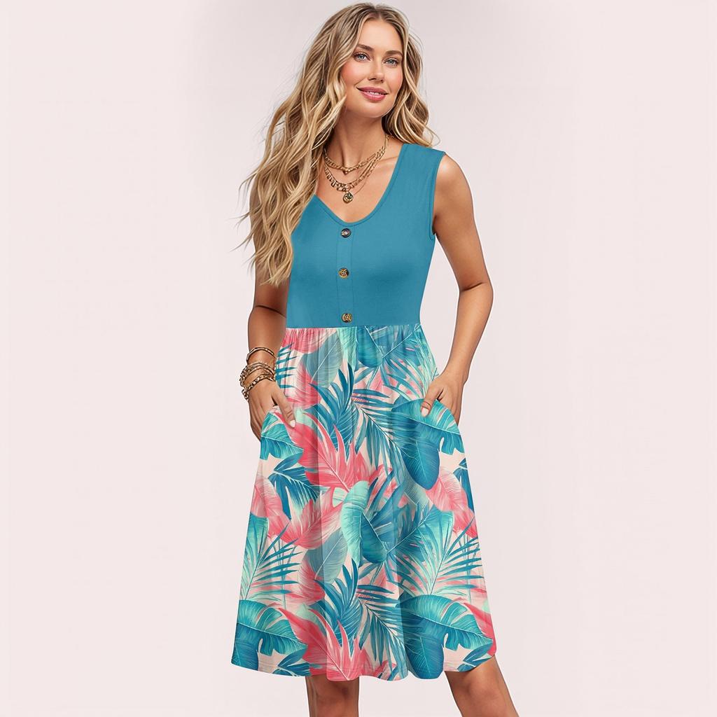 Damskie letnie sukienki bez rękawów, swobodne, luźne, rozkloszowane, zapinane na guziki, midi, letnie sukienki z kieszeniami