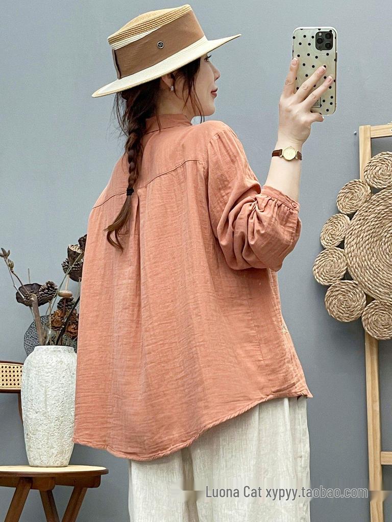 Women's Forest Style Cotton Gauze Shirt: Long Sleeve, Soft, Breathable, with Fresh Floral Embroidery