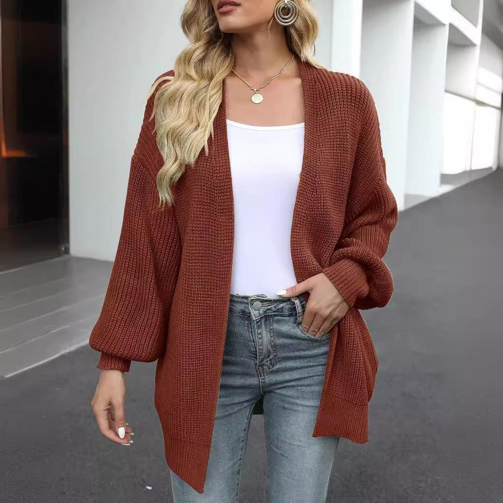 Autumn and Winter New Lantern Sleeve Sweater Women's Coat Coarse Yarn Pocket Sweater