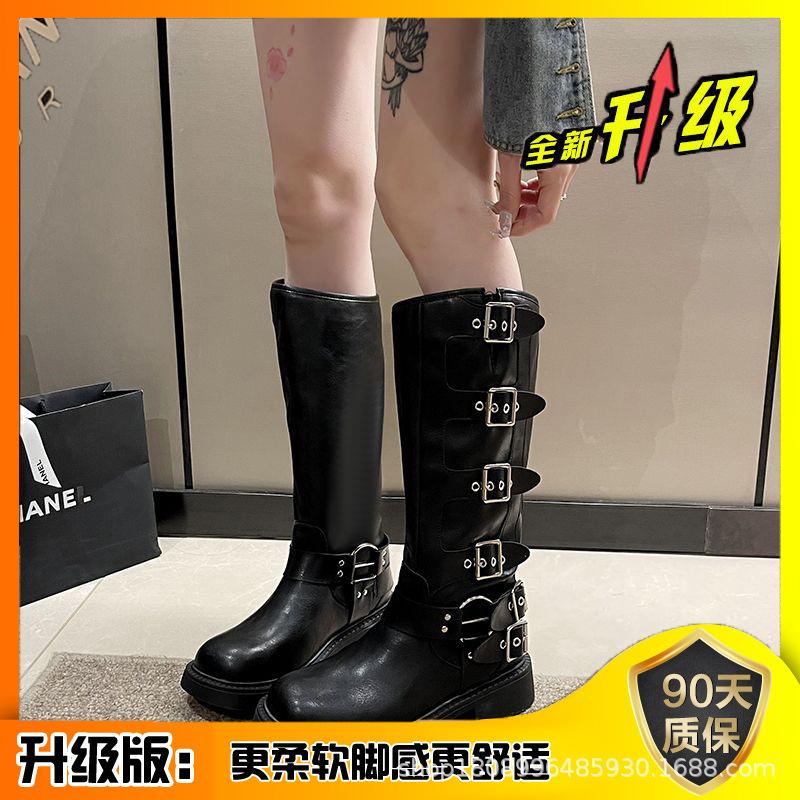 Mode 2024 Nya Knähöga Platå Eleganta Låg Klack Trend Punk Goth New Rock Läder Mode Damstövlar Motorcykelskor