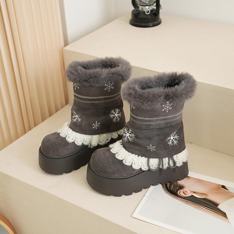 Winter Fashion~ Vintage Snowflake Embroidery Splicing Lace Strap Snow Boots Round Head Platform Cotton Boots
