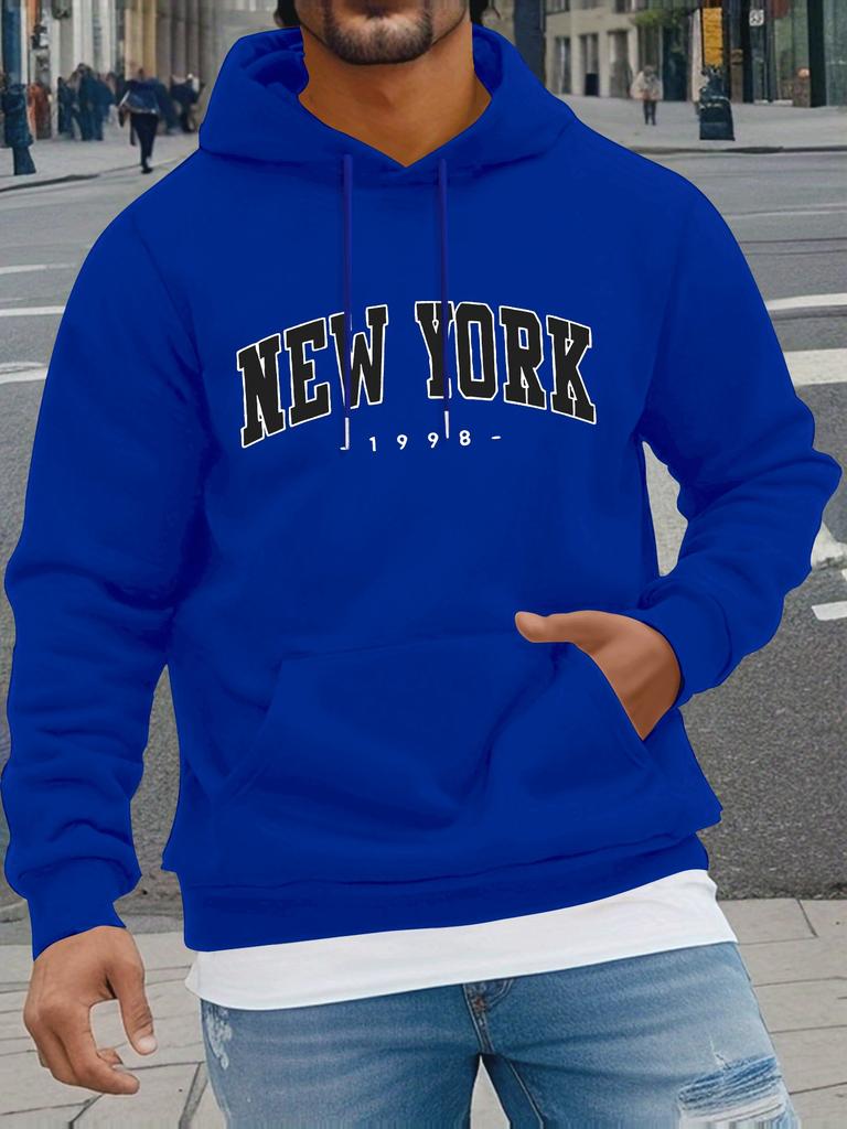 Vintage Curved NEW YORK 1998 Letter Print Men's Light Gray Hoodie, Hip Hop Sports Loose Pocket Street Sweatshirt